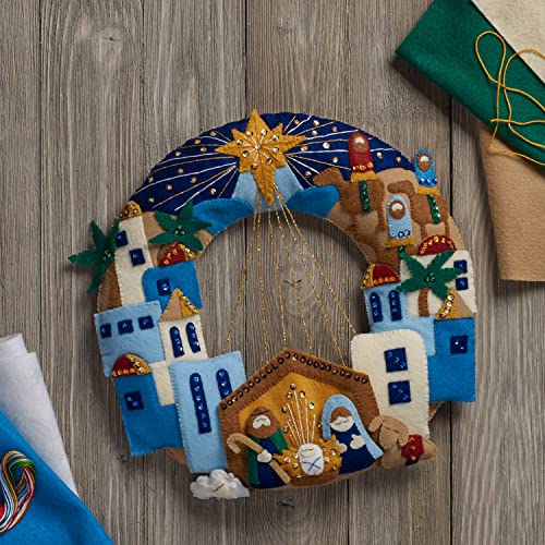 Bucilla Felt Applique Wreath Town of Bethlehem, Size 13 x 12.5-Inch, Blue, Brown, Gray - style: Classic