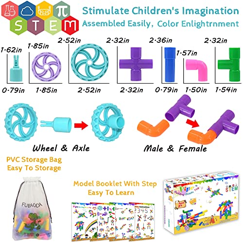FUBAODA STEM Learning Pipe Tube Toys, Tube Locks Construction Building Blocks 96 Pcs - Multicolor Educational Building Blocks Set with Wheels& Spouts & Joints for Kids Ages 3+