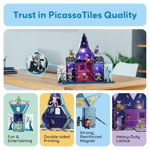 PicassoTiles 57 PCS Magnetic Tiles Halloween Haunted House STEM Set Ages 3+ - color: Haunted House