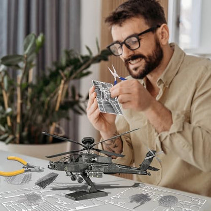 Piececool 3D Metal Model Kits, Military Helicopter Airplane Models Building Kits for Adults and Teens Men Hobbies DIY Brain Teaser Puzzles, Great Birthday Gifts, 145 Pcs - style: AH-64 Apache