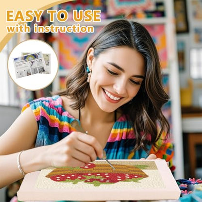 Doodlream Strawberries DIY Punch Needle Embroidery Kit for Adult Beginner, 9.4" A Basket of Strawberries Punch Stitching Craft Set for Starter with Frame, Fabric Pattern, Threader, Yarn, Pinch Needle - color: Strawberries