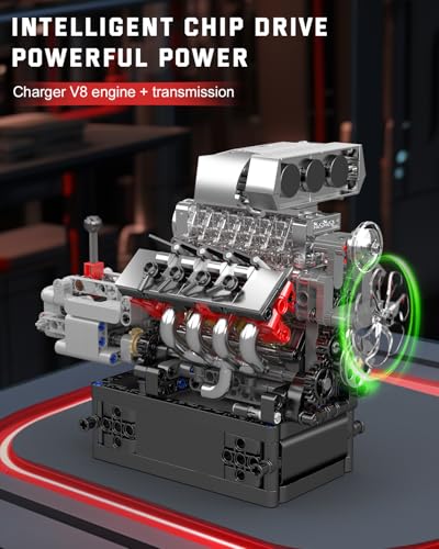 Mould King 10225 V8 Engine Model kit that Runs- Build Your Own STEM V8 Model Engine with Transmission, 8-Cylinder Car Engine kit Building Engineering Toys for Adults Collections (855+PCS) - style: MK-10225 engine