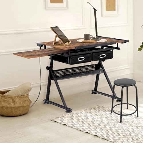 ZENY Adjustable Drafting Table with Stool Tilting Drawing Desk Artist Table - color: Retro-with Outlet