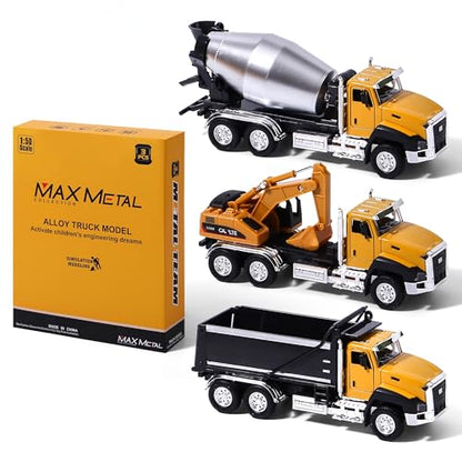 AIUAZA 1/50 Ratio die-Casting Engineering Construction Vehicle, Dump Truck, Excavator, Mixer, Alloy Collection Model car, Boy's Door Opening Pull Back car Toy (3pcs per Set) - color: 3pcs Per Set