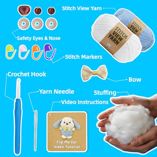 BUNUKY Crochet Kit for Beginners, Amigurumi Puppy Crochet Starter Kit with Step-by-Step Video Tutorials, Complete DIY Craft Kit Gift for Adults & Teens - color: Sky Pup