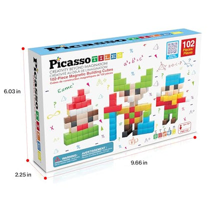 PicassoTiles 102pcs Pixel Magnetic Puzzle Cube 1” Pixel Mix & Match Toys with Ideabook STEM Education Learning Building Block Magnets Construction ToySet Stacking Creative Kit for Kids Age 3+ PMC102 - style: 102pc