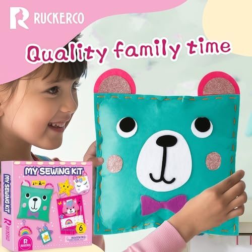 R RUCKERCO Sewing Kit for Kids Ages 4-8, My First Sewing Kit with 6 Easy DIY Felt Projects, Learn to Sew Beginner Arts and Crafts, Stuffed Animal & Pillow Craft Gift for Girls Boys Ages 6-10