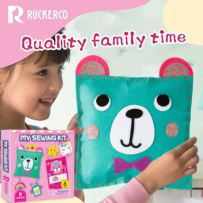 R RUCKERCO Sewing Kit for Kids Ages 4-8, My First Sewing Kit with 6 Easy DIY Felt Projects, Learn to Sew Beginner Arts and Crafts, Stuffed Animal & Pillow Craft Gift for Girls Boys Ages 6-10