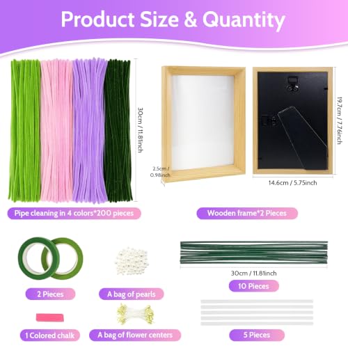 DIY Pipe Cleaner Flower Frame Craft Kit, 2 Wooden Display Frames