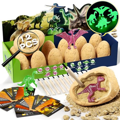 12 Glow in The Dark Dinosaur Eggs, Excavation Kit with Magnifier - style: 12 Dinosaur Eggs(Glow in The Dark)