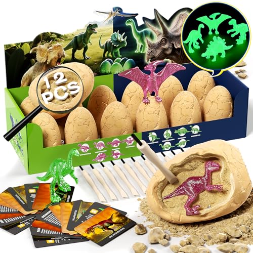 12 Glow in The Dark Dinosaur Eggs, Excavation Kit with Magnifier - style: 12 Dinosaur Eggs(Glow in The Dark)