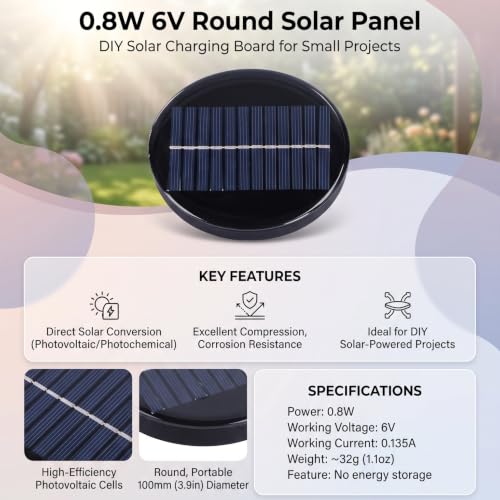 EFFICIENT 0.8W 6V Small Round Solar Panel for DIY Projects, Solar Cell Charging Board for Low-Power Devices, Battery Maintainer, and Scientific Experiments