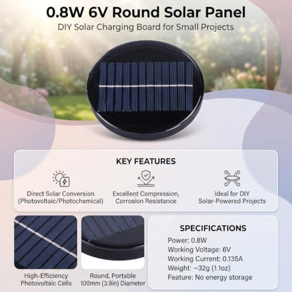EFFICIENT 0.8W 6V Small Round Solar Panel for DIY Projects, Solar Cell Charging Board for Low-Power Devices, Battery Maintainer, and Scientific Experiments