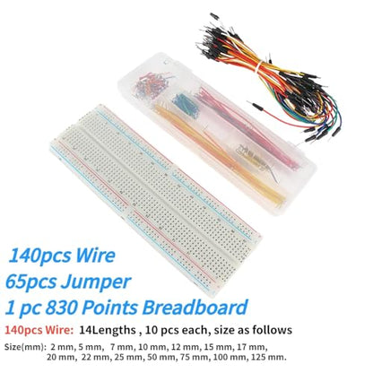 Solderless Breadboard 830 Tie Points - 65 Pcs Flexible Jumper Wires Kit - 140pcs Connecting Line Cables for Arduino Prototyping Circuit DIY Electronic Project - color: 830TieBreadboard-JpWire65pcs-LCable140pcs