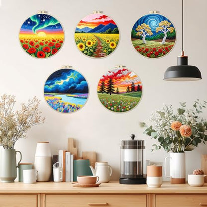 ACRNIGHEET 5 Pack Embroidery Kit for Beginners Adults, Stamped Cross Stitch Kits, Hand Embroidery Starter Kit Including 5 Stamped Embroidery Cloth, Colorful Threads, Hoop, Instruction, Gift Idea - style: Landscape Painting Patterns -5pcs