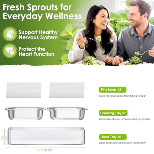 FANHAO Upgraded Visual Seed Sprouter Tray, Stainless Steel Soil-Free Cultivation Germination Tray with Acrylic Base, Healthy Microgreens Growing Kit for Indoors Sprouting Seeds, Grow Grass, Beans