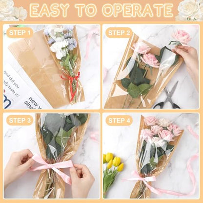 Majreey Floral Wrapping Paper Kit, 80Sheet Waterproof Floral Paper, 3Rolls Ribbon for Flower Bouquet, 2Rolls Transparent Tape,100Pcs Flower Pins, 48Pcs 3D Butterflies, 9Pcs Crowns (Flower-4) - color: Flower-4