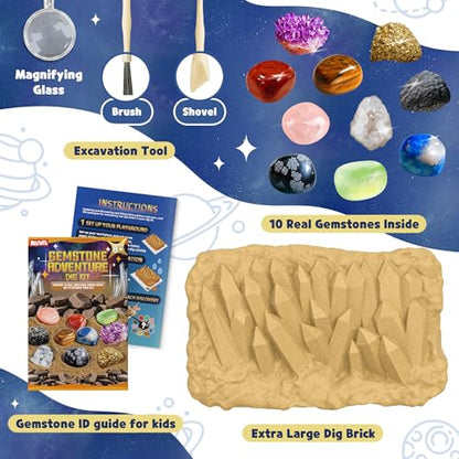 Gemstone Dig Kit for Kids with 2 Tools, 10 Real Gems Tektite