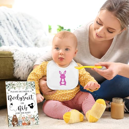 Chuarry 43 Pcs DIY Baby Bibs Decorating Kit 8 Bodysuits 8 Pcs 2 Ply White Bibs 10 Fabric Markers 16 Stencils Baby Shower Sign (Woodland Animals) - style: Woodland Animals