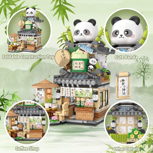 Street View Tea Shop Mini Building Blocks, MOC Creative Building Toys Cute Panda Animals Building Set for Girls 6-12, Simulation Architecture Construction Toy, Gift Idea for Kids Adults (860PCS) - style: Tea Shop