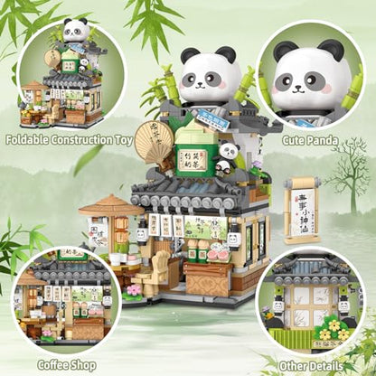 Street View Tea Shop Mini Building Blocks, MOC Creative Building Toys Cute Panda Animals Building Set for Girls 6-12, Simulation Architecture Construction Toy, Gift Idea for Kids Adults (860PCS) - style: Tea Shop