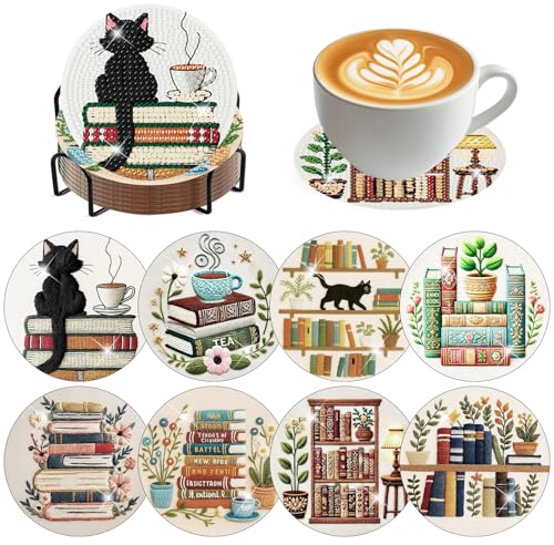 8 Pack Bookshelf Diamond Art Coasters,Diamond Painting Coasters Kits - color: Books Coasters