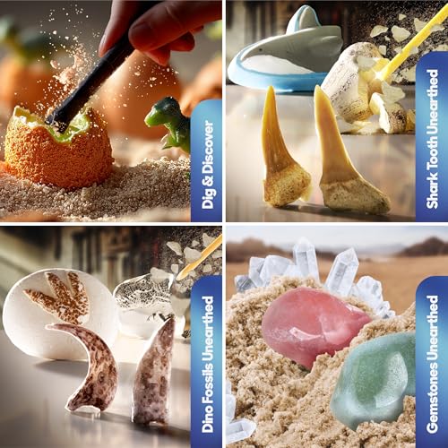 Discovery Mini Excavation Kit 8-Pack, STEM Science Dig Kit with 16 Hidden Discoveries, Genuine Gemstones, Shark Teeth, Dinosaur Fossils & Glow Dinosaur Figures, Dig & Discover Toy for Kids Ages 6+