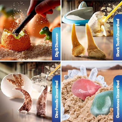 Discovery Mini Excavation Kit 8-Pack, STEM Science Dig Kit with 16 Hidden Discoveries, Genuine Gemstones, Shark Teeth, Dinosaur Fossils & Glow Dinosaur Figures, Dig & Discover Toy for Kids Ages 6+