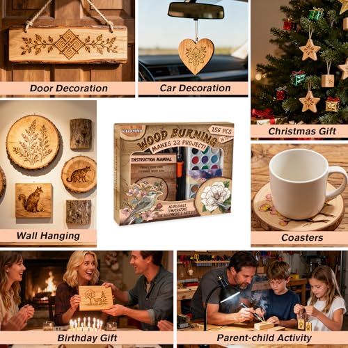 K KERNOWO Wood Burning Kit - 156Pcs All-in-One Wood Burning Tool Pen Adjustable Temperature Wood Burner Kit Crafts Gifts for Adults & Teens, Woodburning Kits for Beginner Pyrography - color: Black