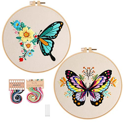 Konrisa Embroidery Kits with Butterfly Flower Pattern, Stamped Embroidery Starter Kit for Beginners Adults Needlepoint Kits Include Embroidery Fabric Embroidery Hoop Threads and Needles,Set of 2 - color: Butterfly02