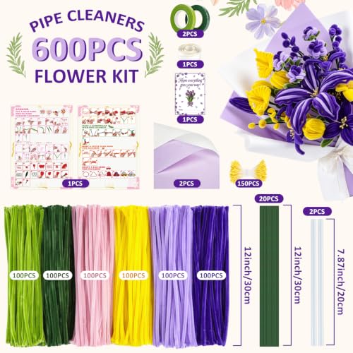 Anyeve 600 PCS Pipe Cleaner Craft,Pipe Cleaner Flower Kit with Flower Stem, Chenille Stems 6 Colors for Easy Bend, Not Easy Break, Best Craft Material for DIY and Craft Projects - color: 600PCS-Purple