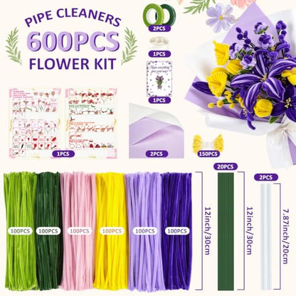 Anyeve 600 PCS Pipe Cleaner Craft,Pipe Cleaner Flower Kit with Flower Stem, Chenille Stems 6 Colors for Easy Bend, Not Easy Break, Best Craft Material for DIY and Craft Projects - color: 600PCS-Purple