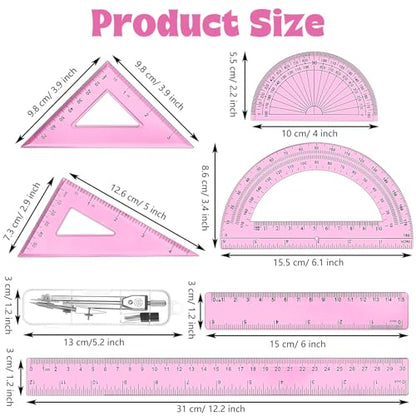 Zonon 7 Pcs Geometry Set with Drawing Compas, 6&4 Inch Protractors, Pink - color: Pink