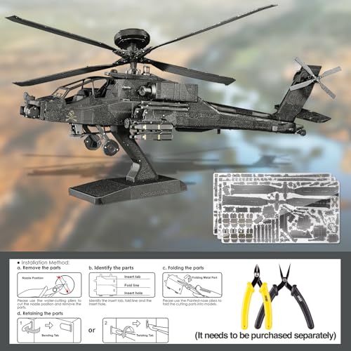 Piececool 3D Metal Model Kits, Military Helicopter Airplane Models Building Kits for Adults and Teens Men Hobbies DIY Brain Teaser Puzzles, Great Birthday Gifts, 145 Pcs - style: AH-64 Apache