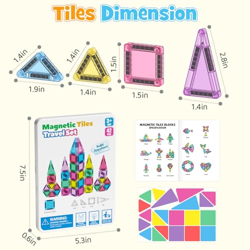 42PCS Mini Magnetic Tiles Travel Set with Iron Storage Box - Portable STEM Building Blocks for Kids 3-8, Montessori Educational Magnet Toys for Airplane, Car Rides & On-The-Go Play - size: Mini