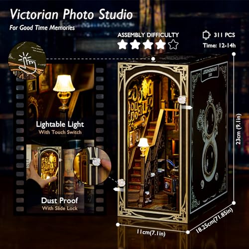 JOOHOUR DIY Book Nook Kit, Dollhouse Miniature, Booknook Bookshelf Insert Alley 3D Wooden Puzzle, Bookends Model Building Kit with LED Light, Gift for Teens and Adults, Back to Memory - color: C-Back To Memory