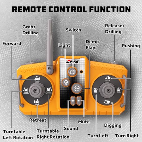 GraceDuck Remote Control Excavator Toys for Boys, 3 in 1 RC Excavator Toy with Alloy Bucket, Rock Breaker, and Grapples - Rotatable 680°, Lights and Sounds RC Construction Toys for Boys Age 3+