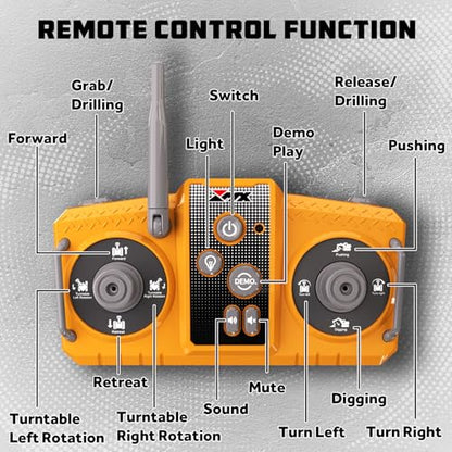 GraceDuck Remote Control Excavator Toys for Boys, 3 in 1 RC Excavator Toy with Alloy Bucket, Rock Breaker, and Grapples - Rotatable 680°, Lights and Sounds RC Construction Toys for Boys Age 3+