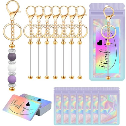 42/84/126 Pcs Beadable Keychain Bars Bulk Blank DIY Beaded Keychain Making Supplies with Bag Thank You Card - color: Gold