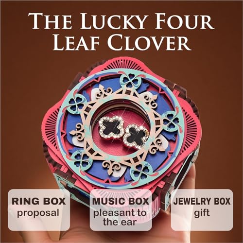 3D Wooden Puzzle Music Box with Light Up Four-Leaf Clover, DIY Mechanical Model Kit, Desktop Decoration Jewelry Box for Adults, Birthday (Rose Red)