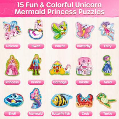SYNARRY Magnetic Unicorn Mermaid Princess Puzzles for Kids 3-5, Travel Toys
