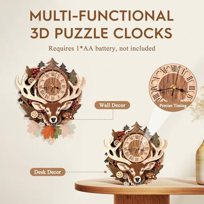 3D Wooden Puzzle for Adults - Forest Deer Clock - color: Forest Deer