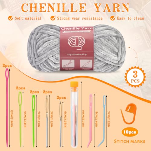 LUNARM Chenille Yarn 3 Pack 3.5oz Chunky Blanket Velvet Yarn 263 Yard - color: Light Grey