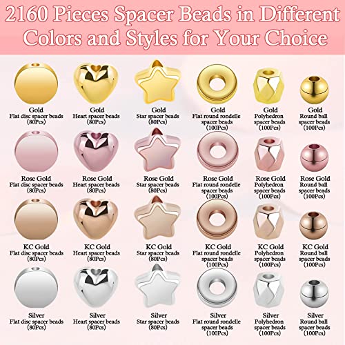 selizo 2160 Pieces Gold Spacer Beads Set, Assorted Bracelet Beads for DIY Jewelry Making(Gold, Sliver, Rose Gold, KC Gold)