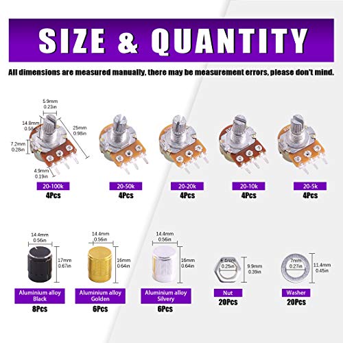 Swpeet 60PCS B5K 10K 20K 50K 100K Ohm Knurled Shaft Linear Rotary Taper Potentiometer with 20Pcs 3 Different Kinds Aluminum Alloy Knob(WH148) and 40Pcs Washers and Nuts Kit for Tinkering - style: Aluminum