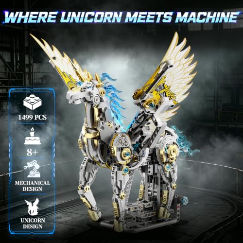 Mechanical Unicorn Building Set, 1499 PCS Building Blocks Set with Hand Crank, LED Lights & Poseable Wings, Christmas Birthday Gift Toy for Boys Teens Adults Aged 8-12+, Home Decor Display - size: UNICORN