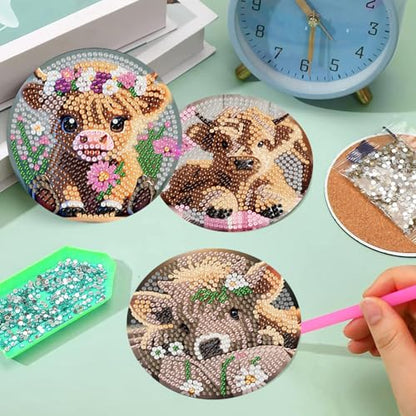 Diamond Art Coasters Kit,8 Pcs Highland Cow Diamond Painting Coasters Kit - color: Baby Cow
