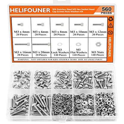 HELIFOUNER 560 Pieces M3 x 4mm /6mm /8mm /10mm /12mm /16mm /20mm, Hex Socket Head Cap Screws Bolts Washers Nuts Kit, 304 Stainless Steel - size: M3, style: Hex Socket Head Cap