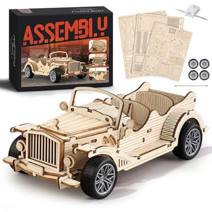 3D Wooden Puzzles for Adults, Pull Back Vintage Car Building Kits