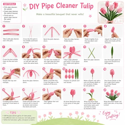 All-in-One Pipe Cleaners Flower Kit, 800 PCS DIY Flower Bouquet Making Kit with 8 Colors Pipe Cleaners, Floral Wire, Tape, Wrapping Paper & Video Tutorial, Handmade Gift for Adults, Teens, Beginners